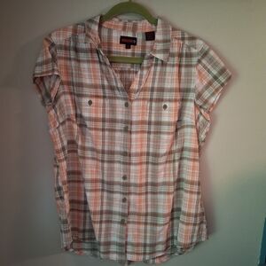 Wolverine Women's Plaid Button Down Cap Sleeve Shirt - Orange and Tan